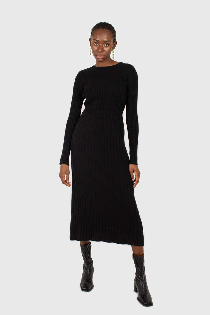 Black large ribbed wool blend midi dress_8