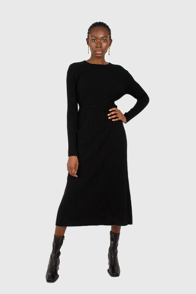 Black large ribbed wool blend midi dress_9
