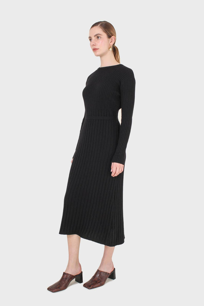 Black large ribbed wool blend midi dress_5