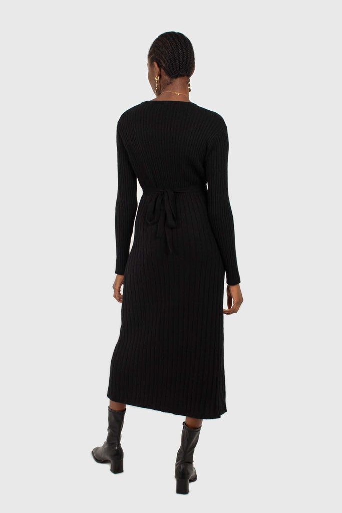 Black large ribbed wool blend midi dress_10