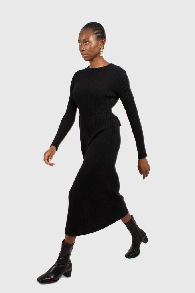 Black large ribbed wool blend midi dress_11