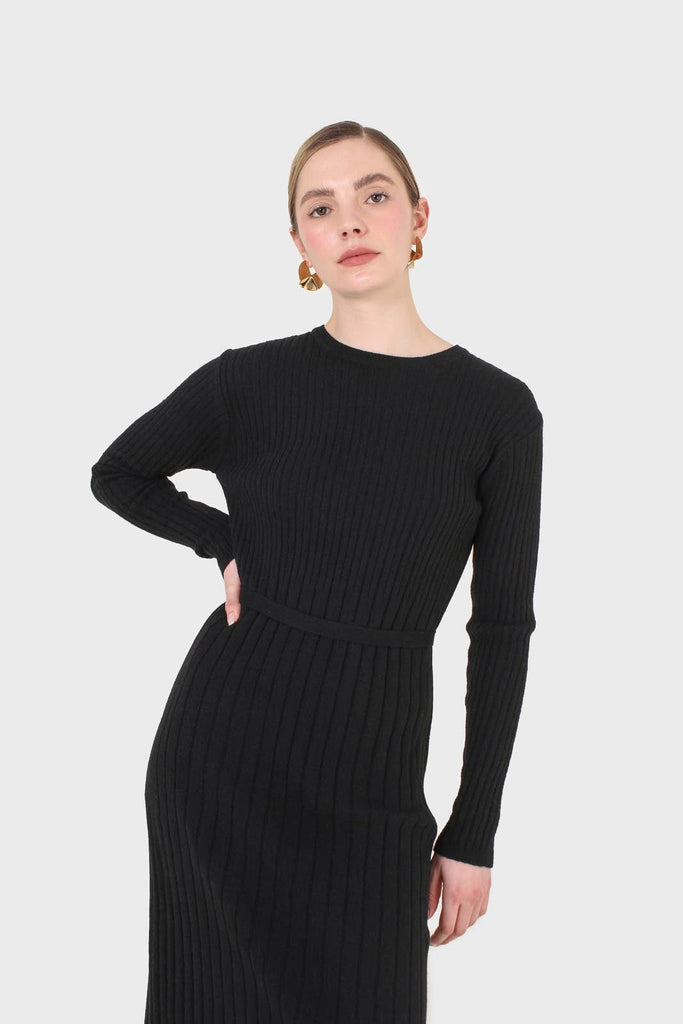 Black large ribbed wool blend midi dress_6