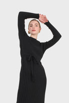 Black large ribbed wool blend midi dress_3