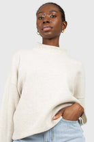 Oatmeal micro ribbed mock neck top_1