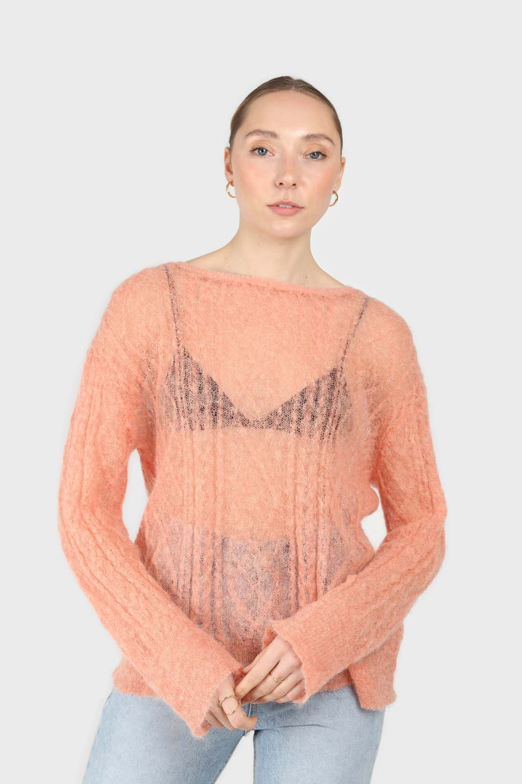 Pale orange sheer cableknit wool blend jumper_1
