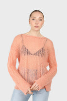 Pale orange sheer cableknit wool blend jumper_1