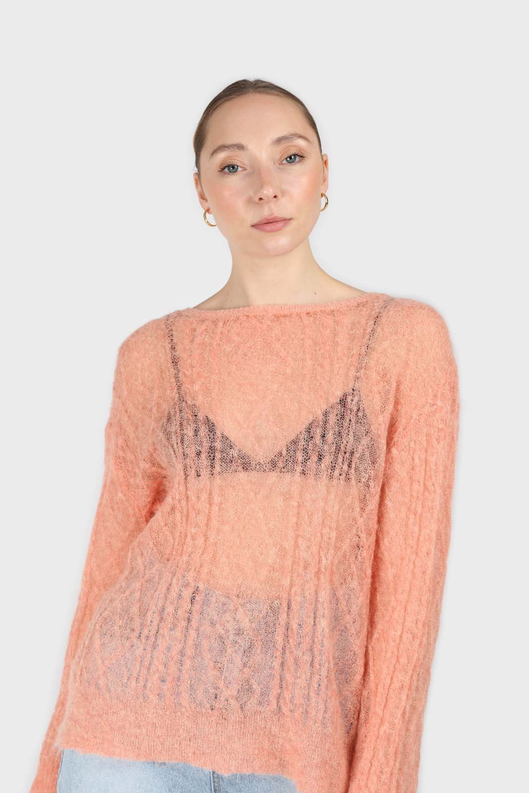 Pale orange sheer cableknit wool blend jumper_2