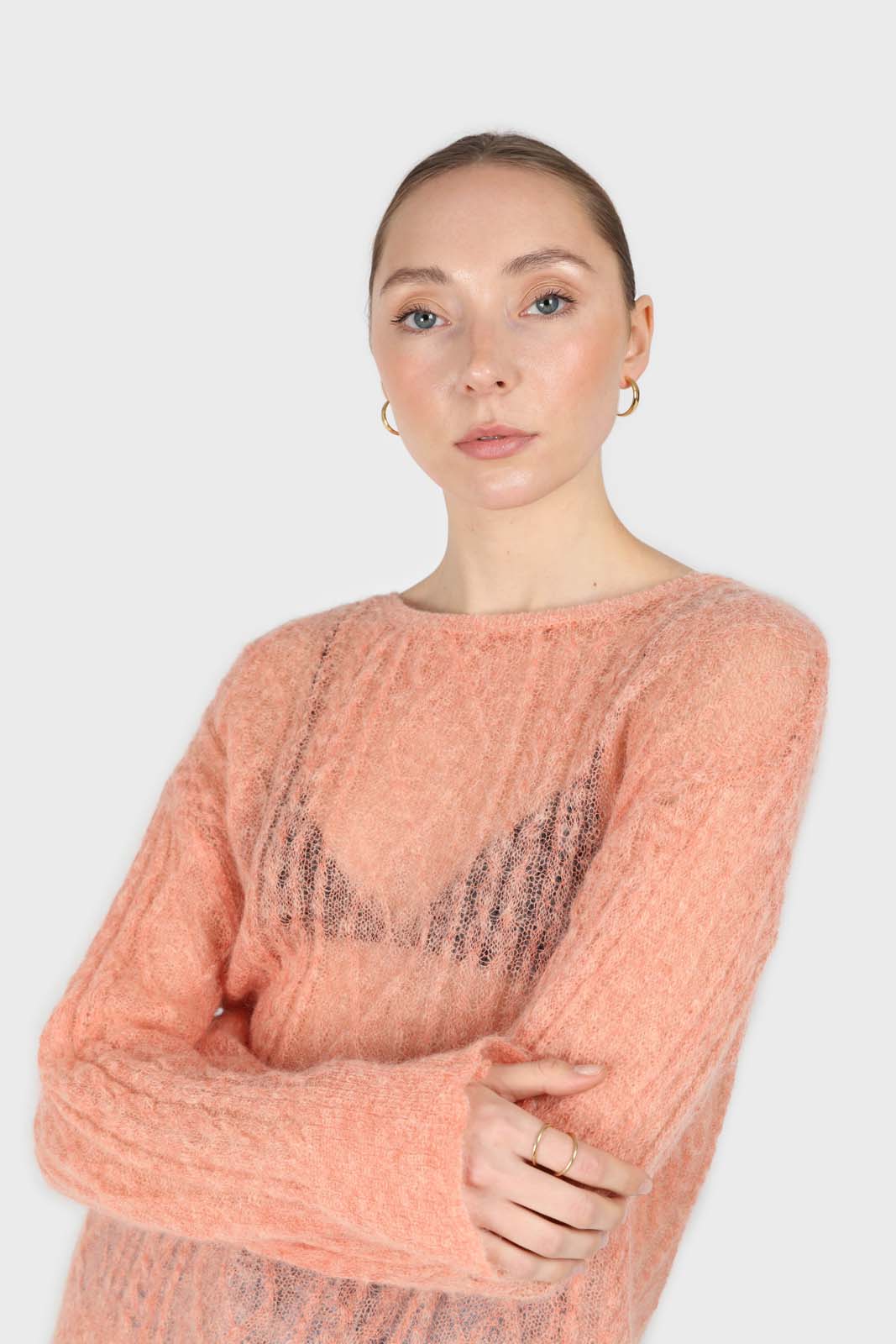 Pale orange sheer cableknit wool blend jumper_5