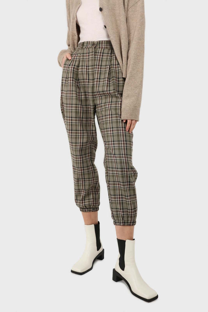 Khaki bold checked slim ankle trousers_1