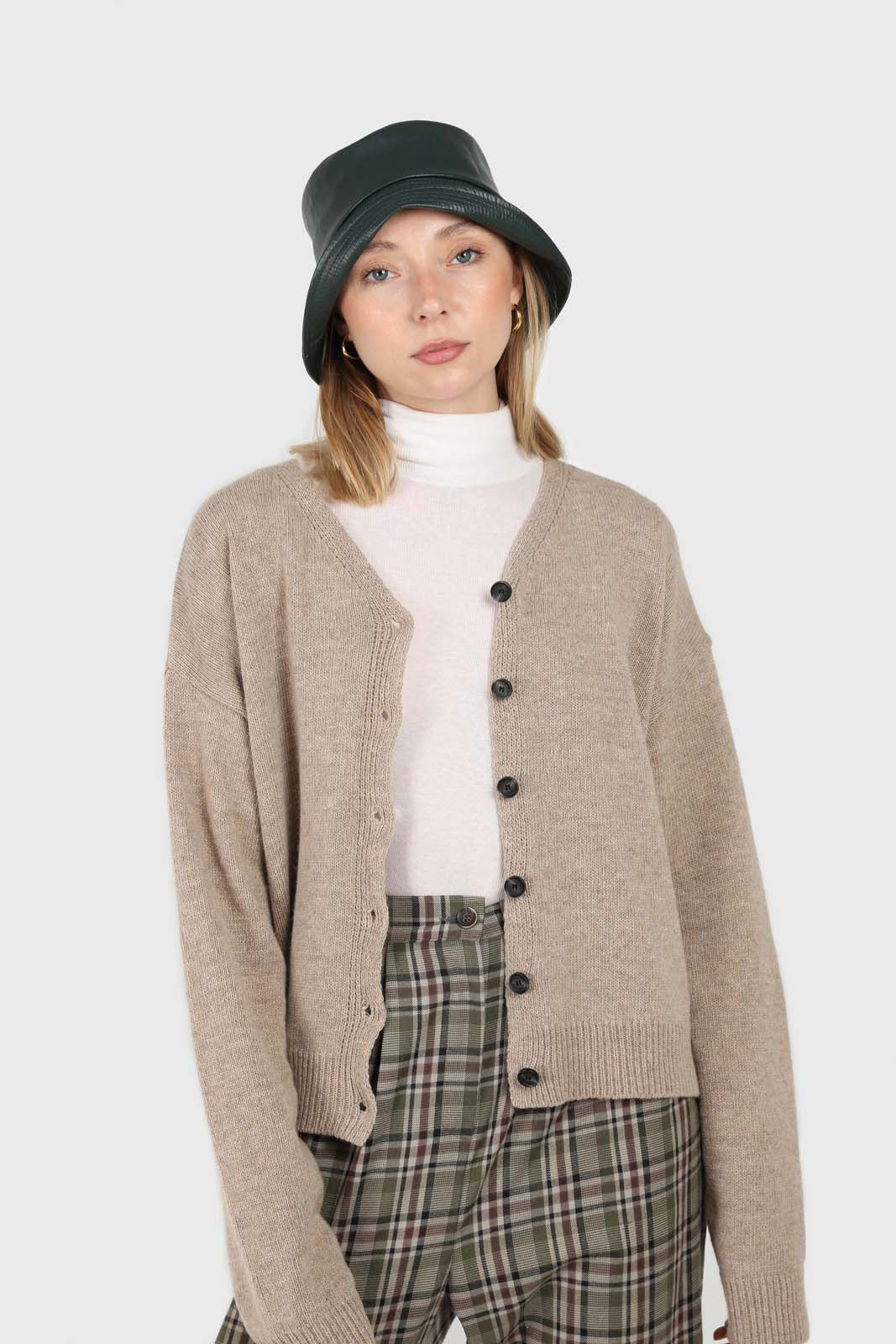 Light beige wool blend v-neck loose fit cardigan_2