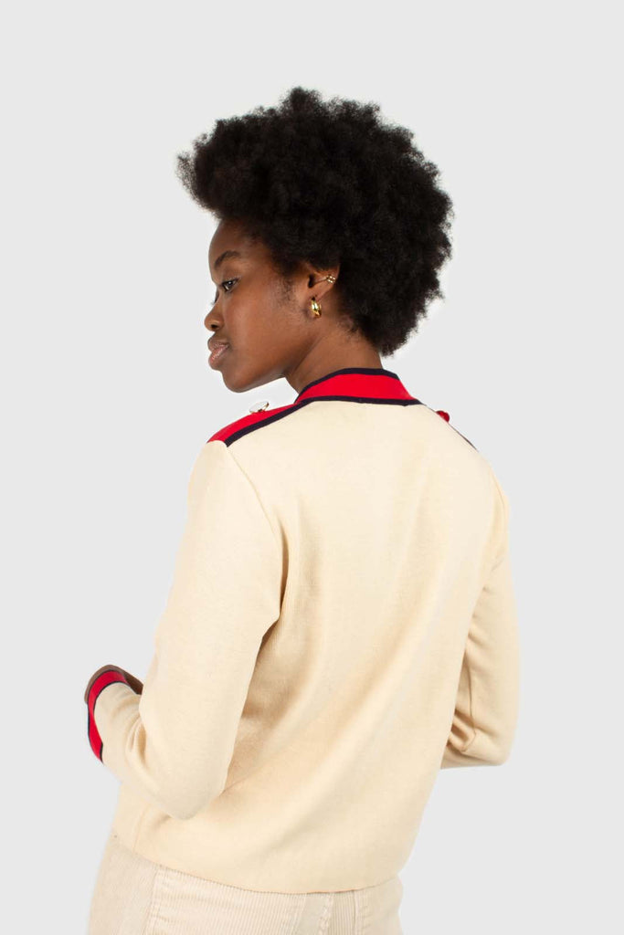 Light beige and red contrast trim cardigan_4