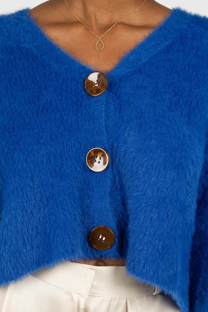 Bright blue fuzzy tortoise shell button cardigan_8