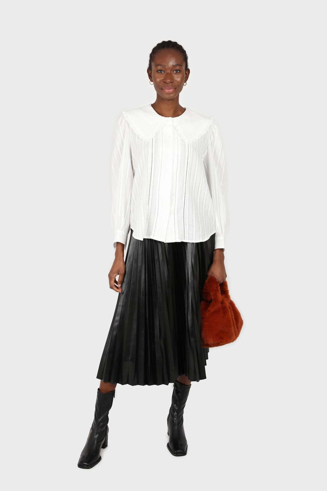 Black vegan leather pleated midi skirt_3