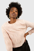 Pink tiered wrinkle long sleeved blouse_1