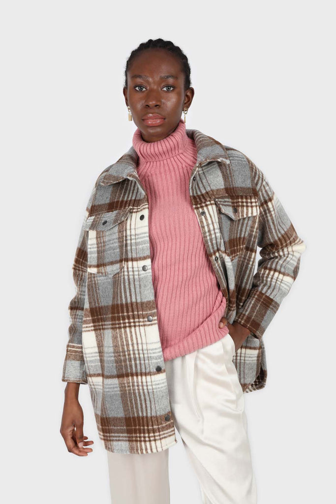 Brown and grey plaid wool blend belted shirt jacket_2