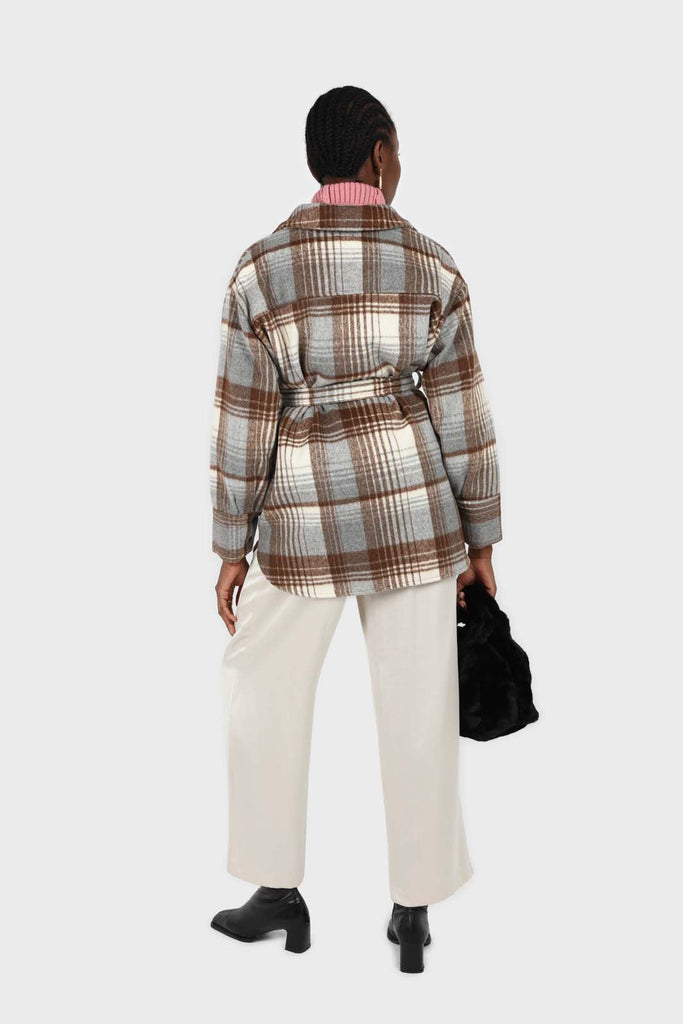 Brown and grey plaid wool blend belted shirt jacket_3