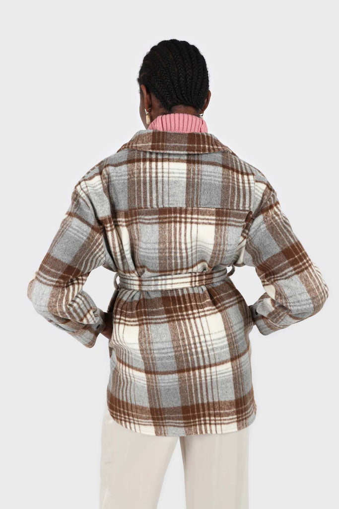 Brown and grey plaid wool blend belted shirt jacket_6