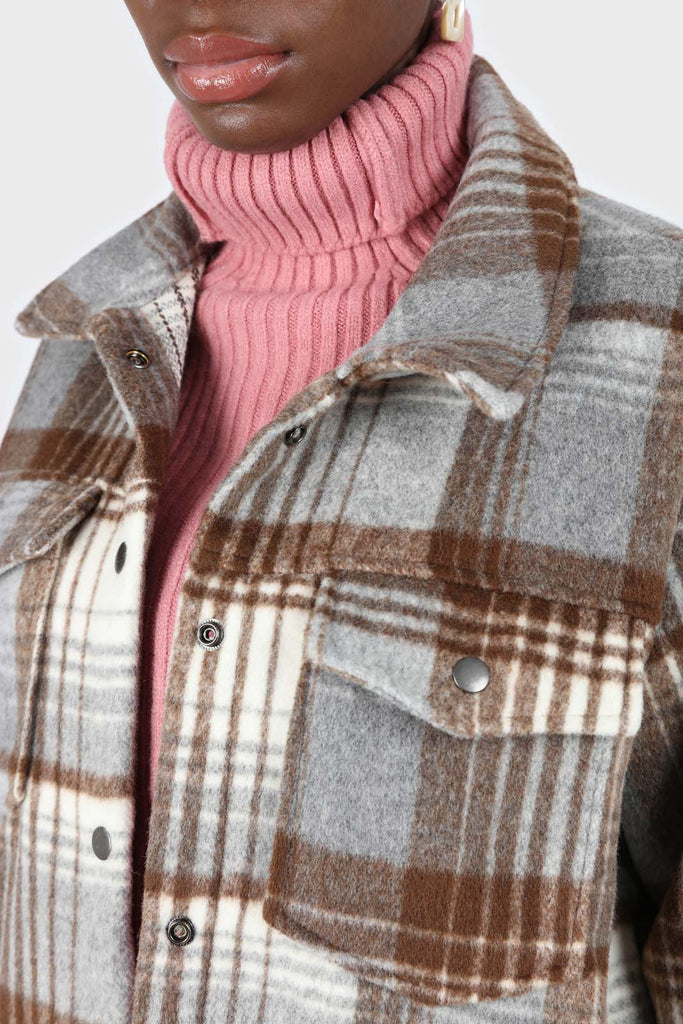 Brown and grey plaid wool blend belted shirt jacket_5