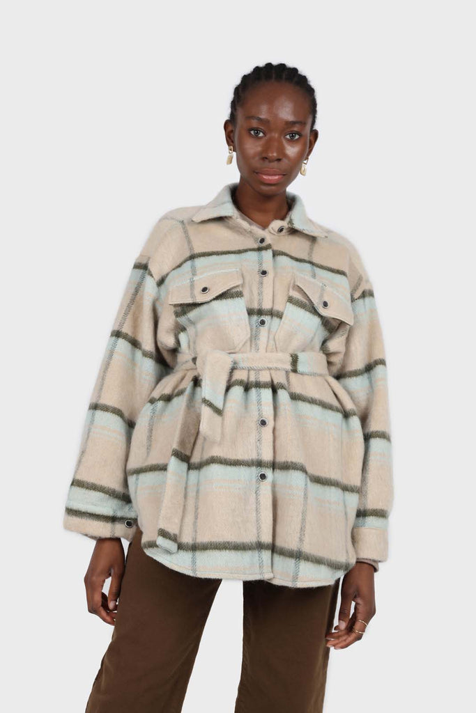 Beige and mint plaid wool blend belted shirt jacket_2
