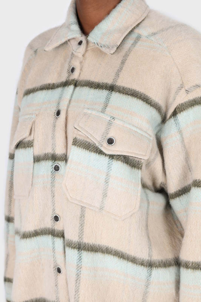 Beige and mint plaid wool blend belted shirt jacket_1