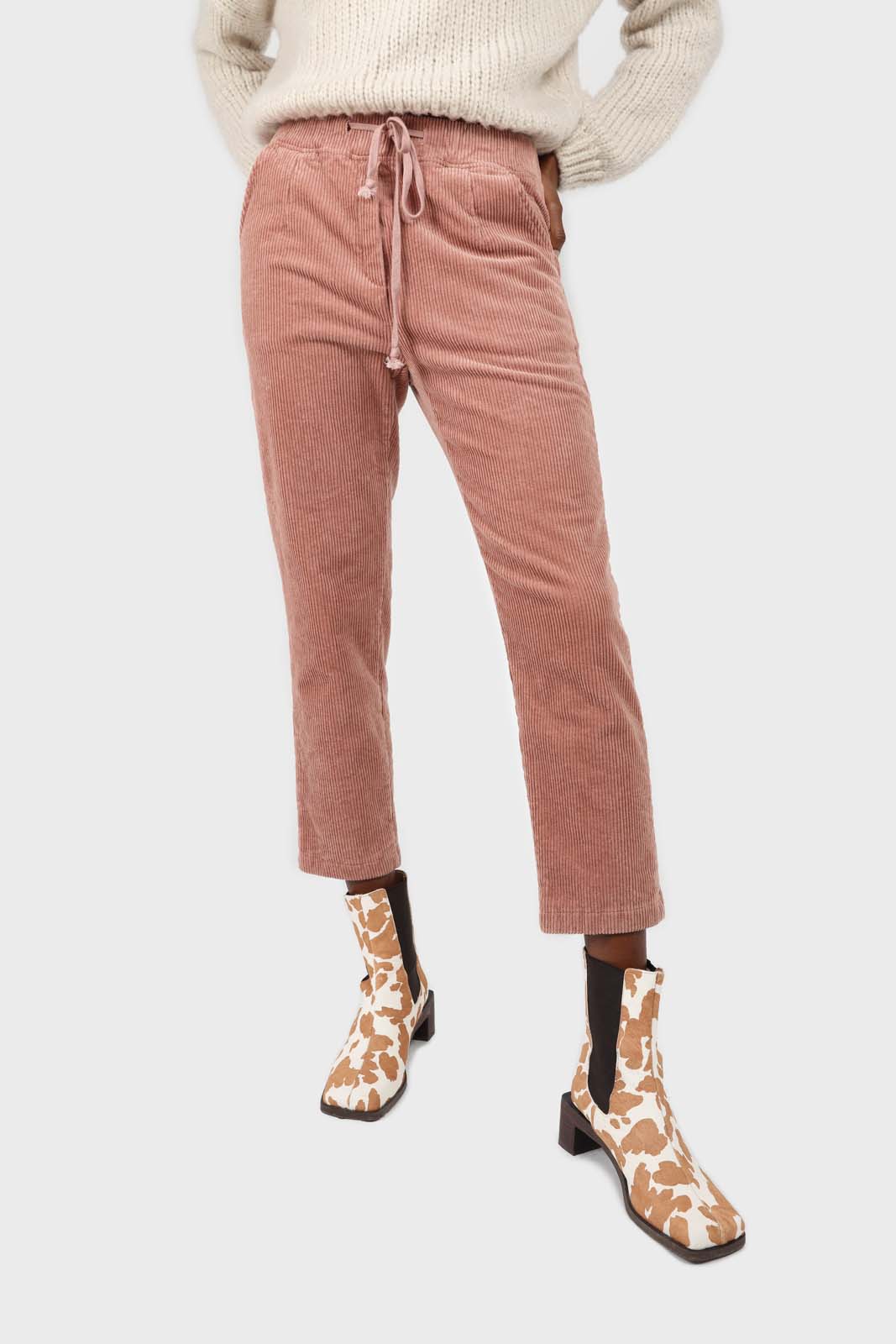 Pale pink corduroy drawstring loose fit trousers_1