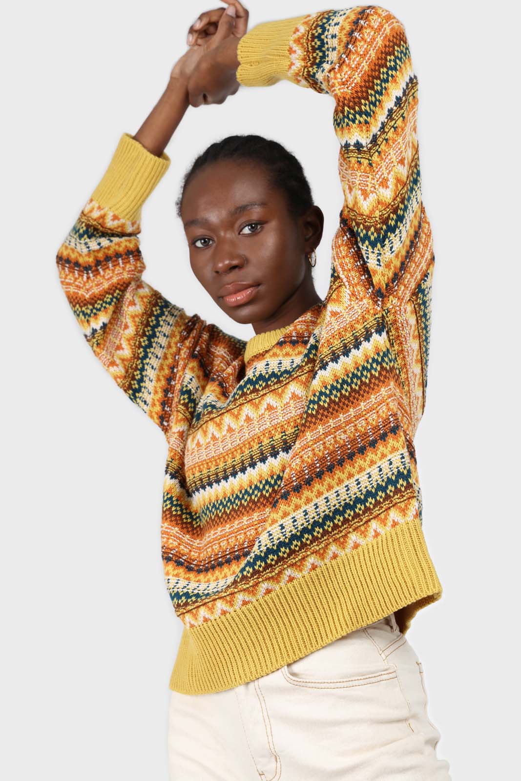 Yellow multi patterned crew neck jumper_5