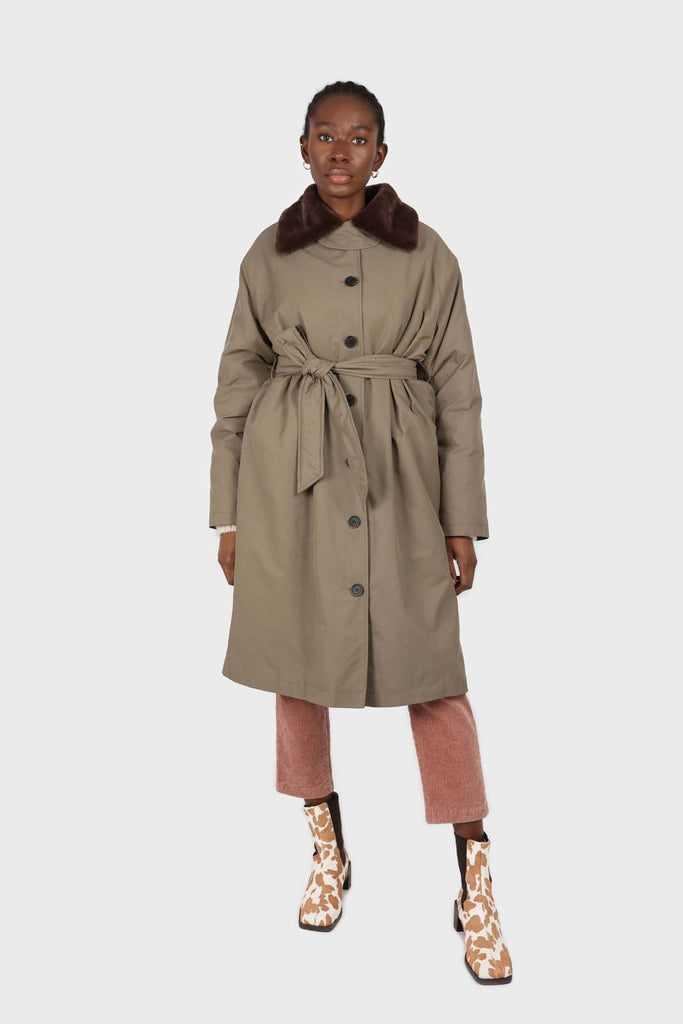 Khaki and brown faux fur collar contrast faux fur lined trench coat_1
