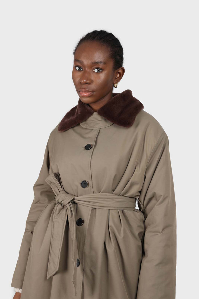 Khaki and brown faux fur collar contrast faux fur lined trench coat_2