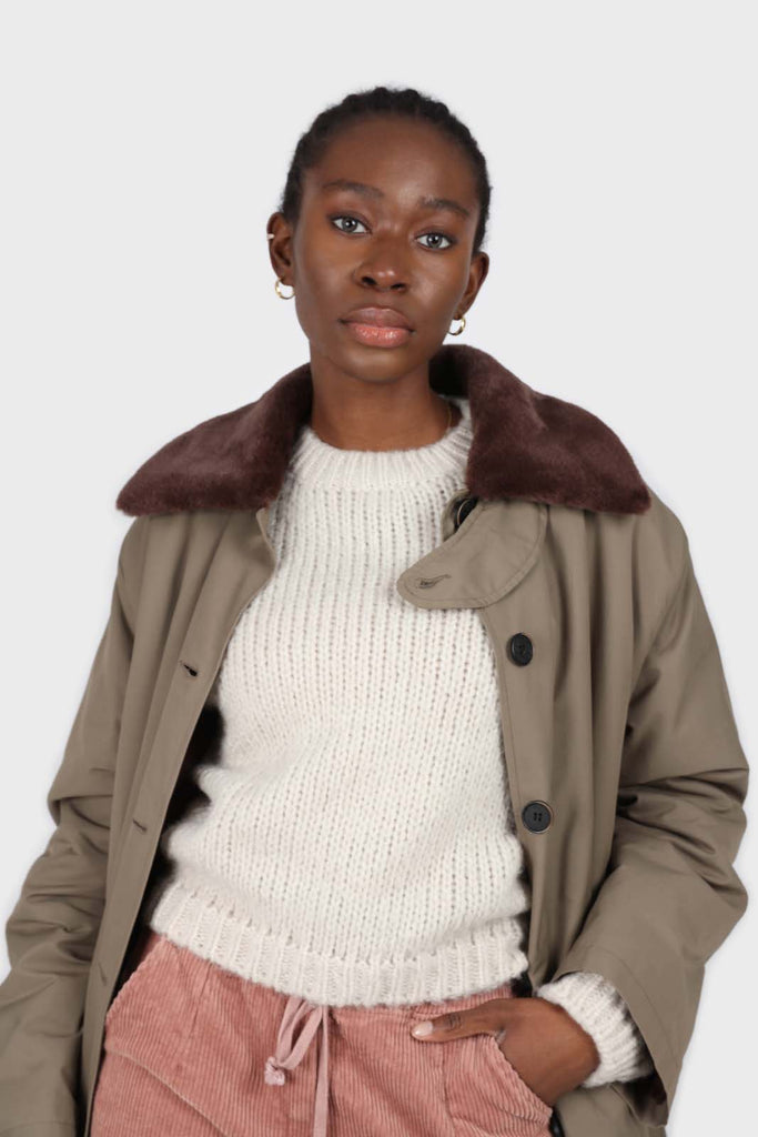 Khaki and brown faux fur collar contrast faux fur lined trench coat_3