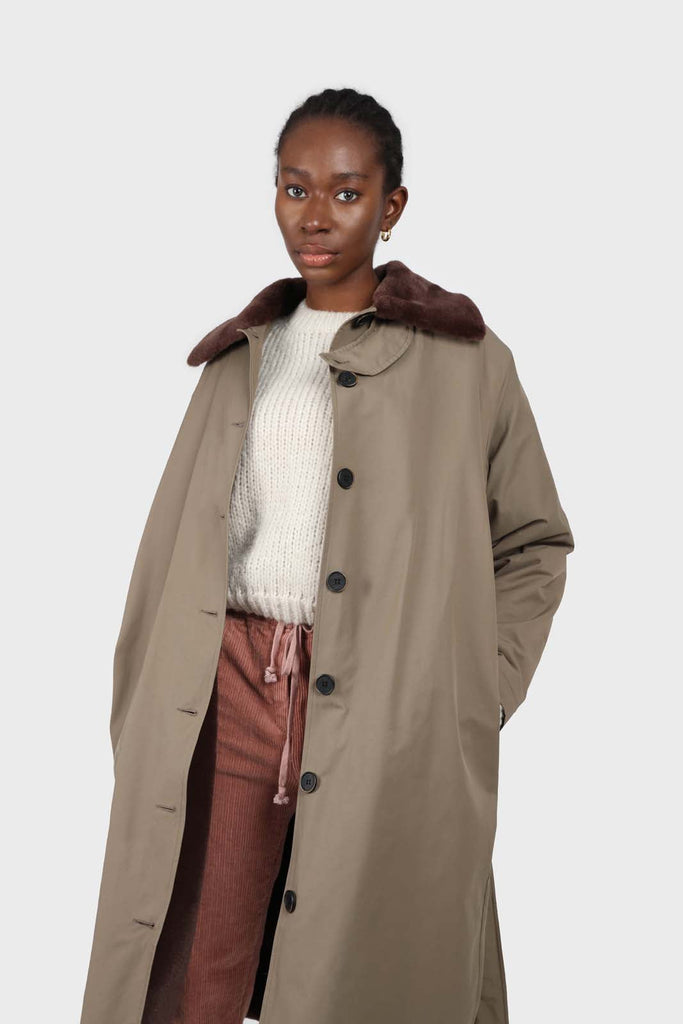 Khaki and brown faux fur collar contrast faux fur lined trench coat_5