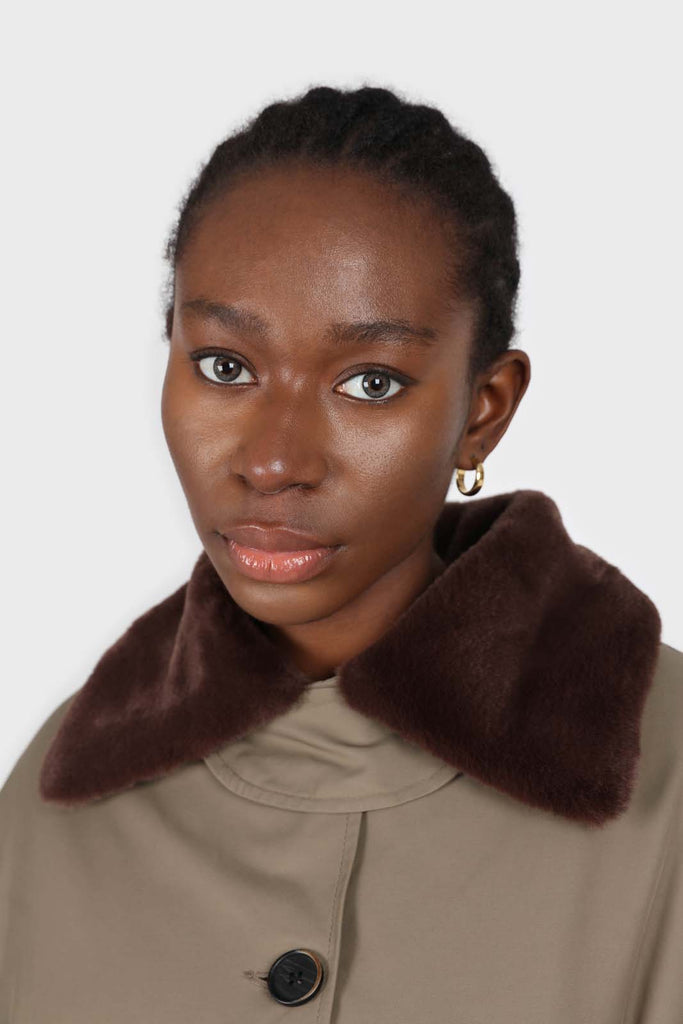Khaki and brown faux fur collar contrast faux fur lined trench coat_6