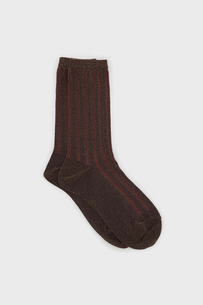 Brown contrast metallic ribbed socks_1
