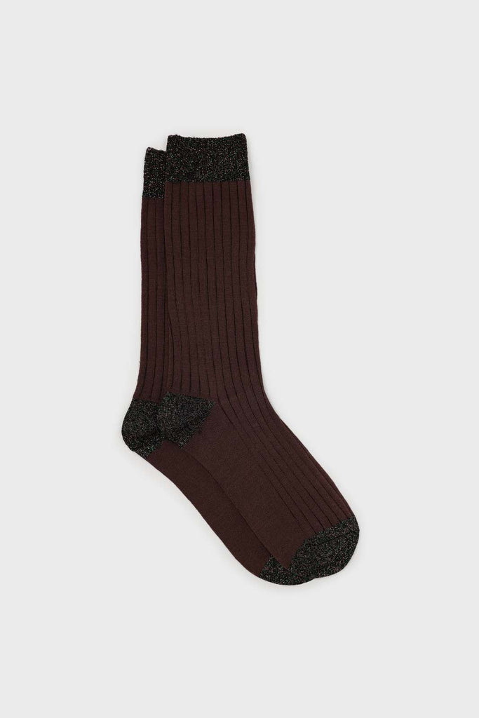 Brown contrast metallic trim socks_1