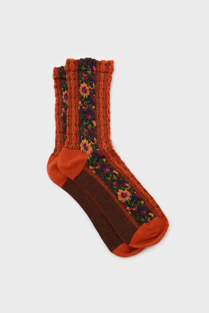 Orange textured floral strip socks_1