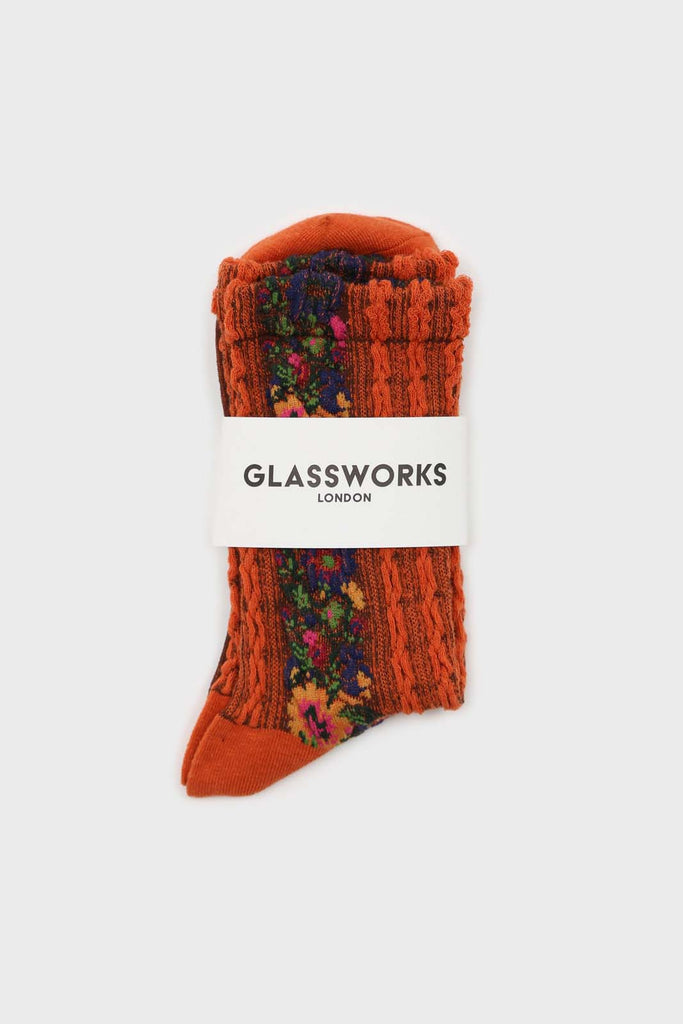 Orange textured floral strip socks_3