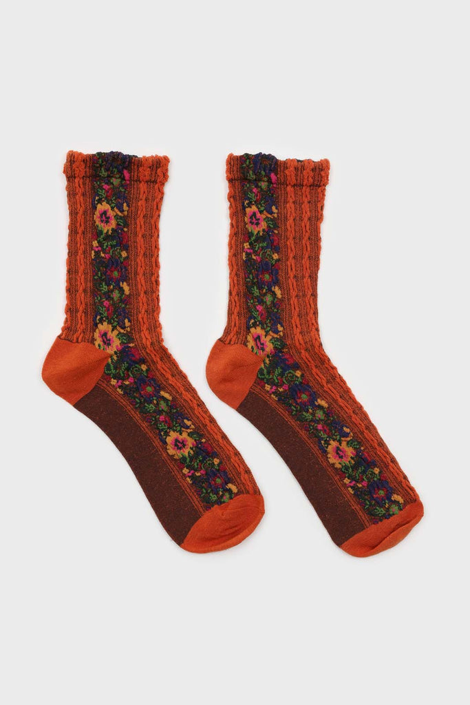 Orange textured floral strip socks_4