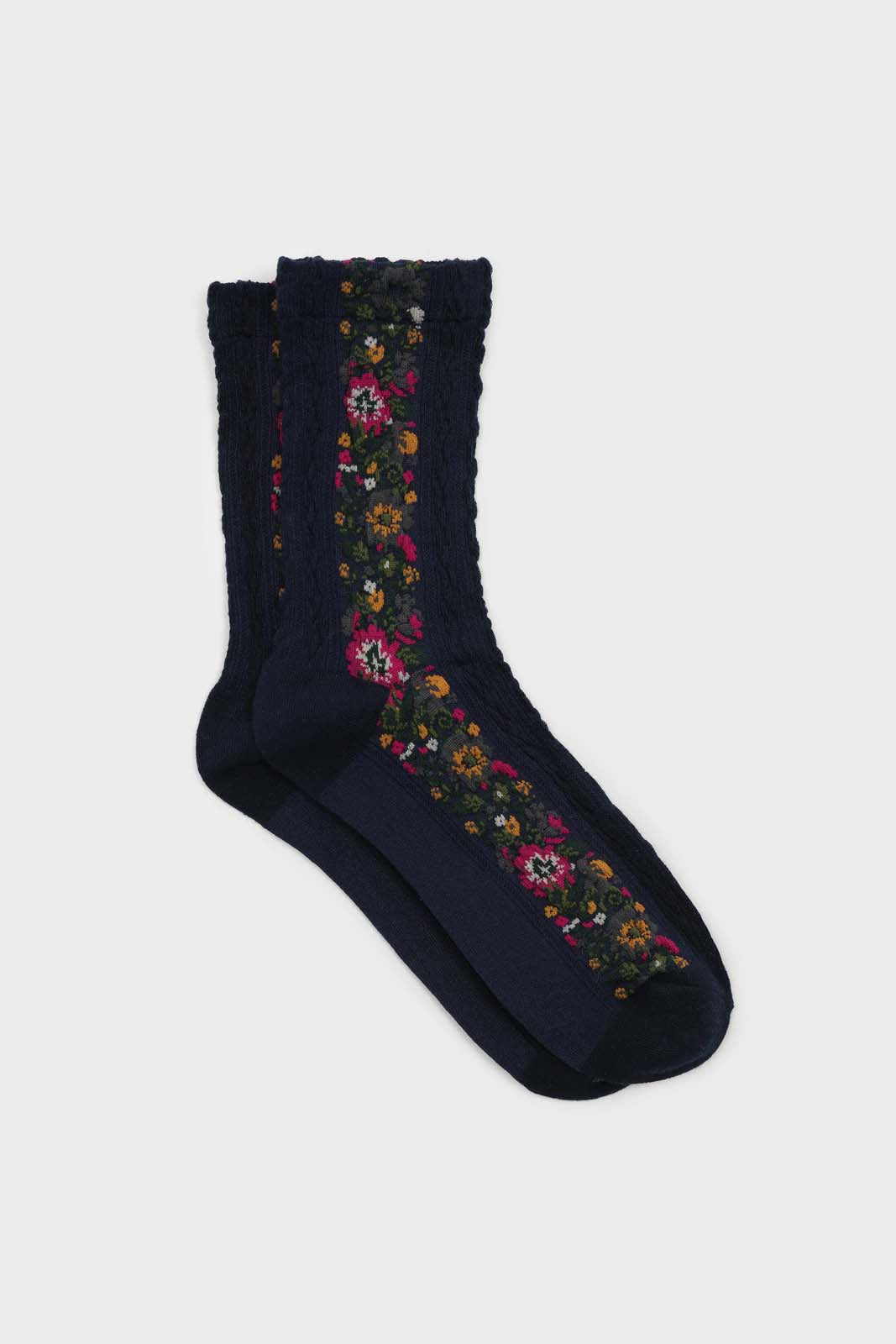 Navy blue textured floral strip socks_3