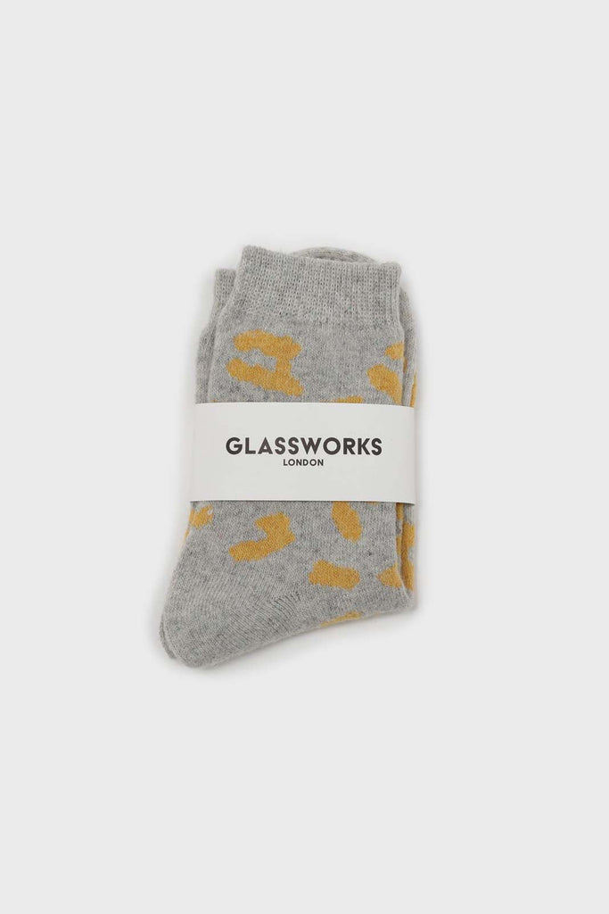 Pale grey and yellow leopard wool blend socks_3