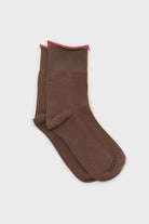 Dark beige and pink rolled trim socks_1