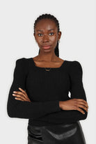 Black puff sleeved square neck knit top_2