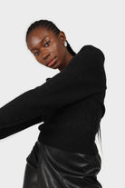 Black puff sleeved square neck knit top_5