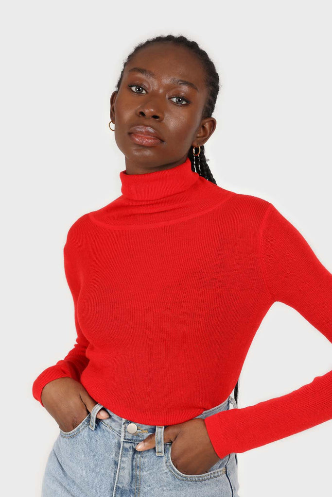 Bright red wool blend turtleneck top_1