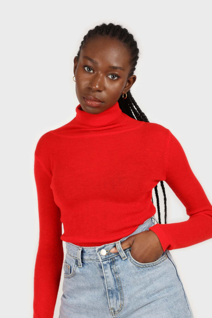 Bright red wool blend turtleneck top_7