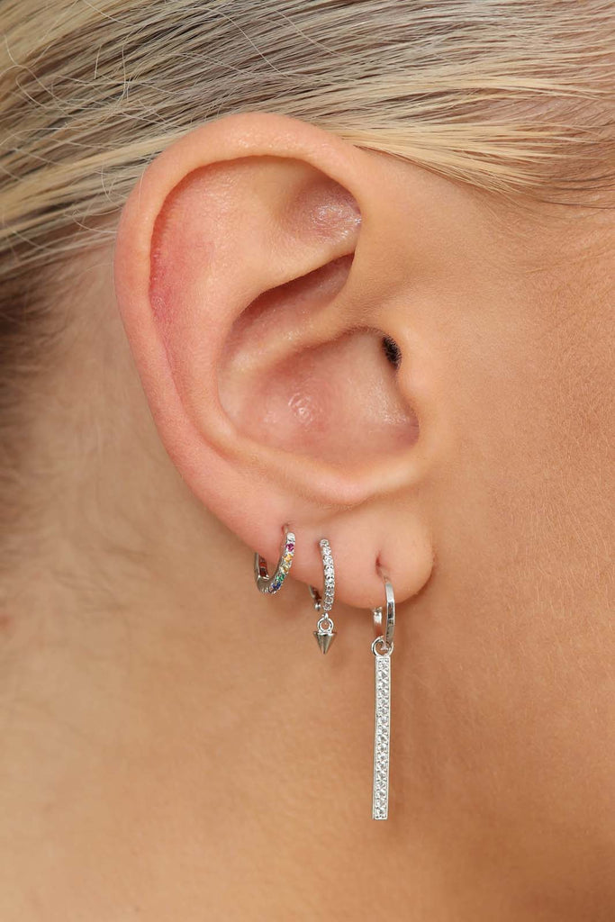 Silver pave dangling spike huggie earrings - 7mm_2