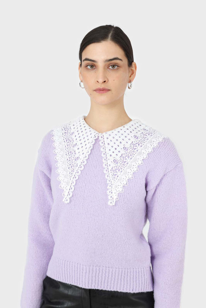 Lilac large lace collar knit top_2