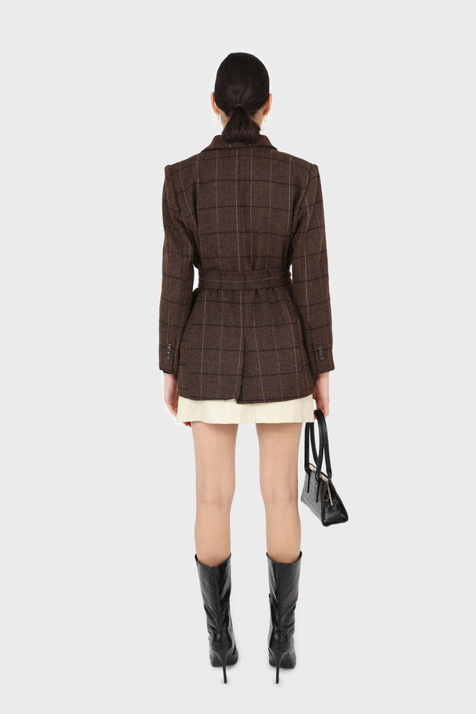 Brown checked wool blend thick belted blazer_2