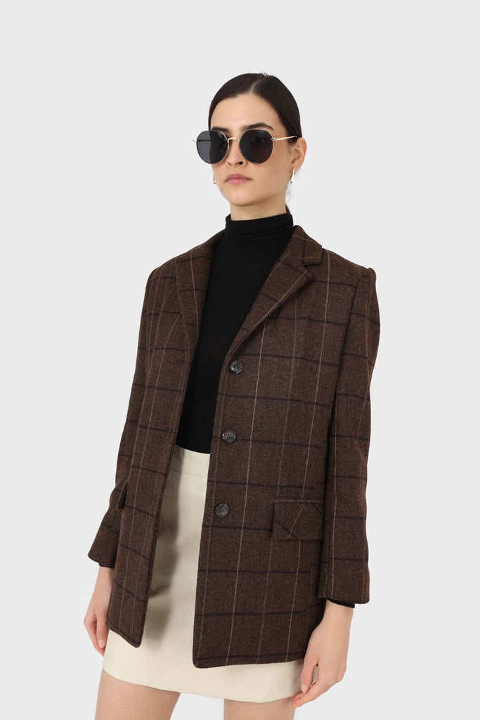 Brown checked wool blend thick belted blazer_8