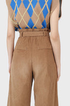 Beige micro corduroy belted loose fit trousers_2
