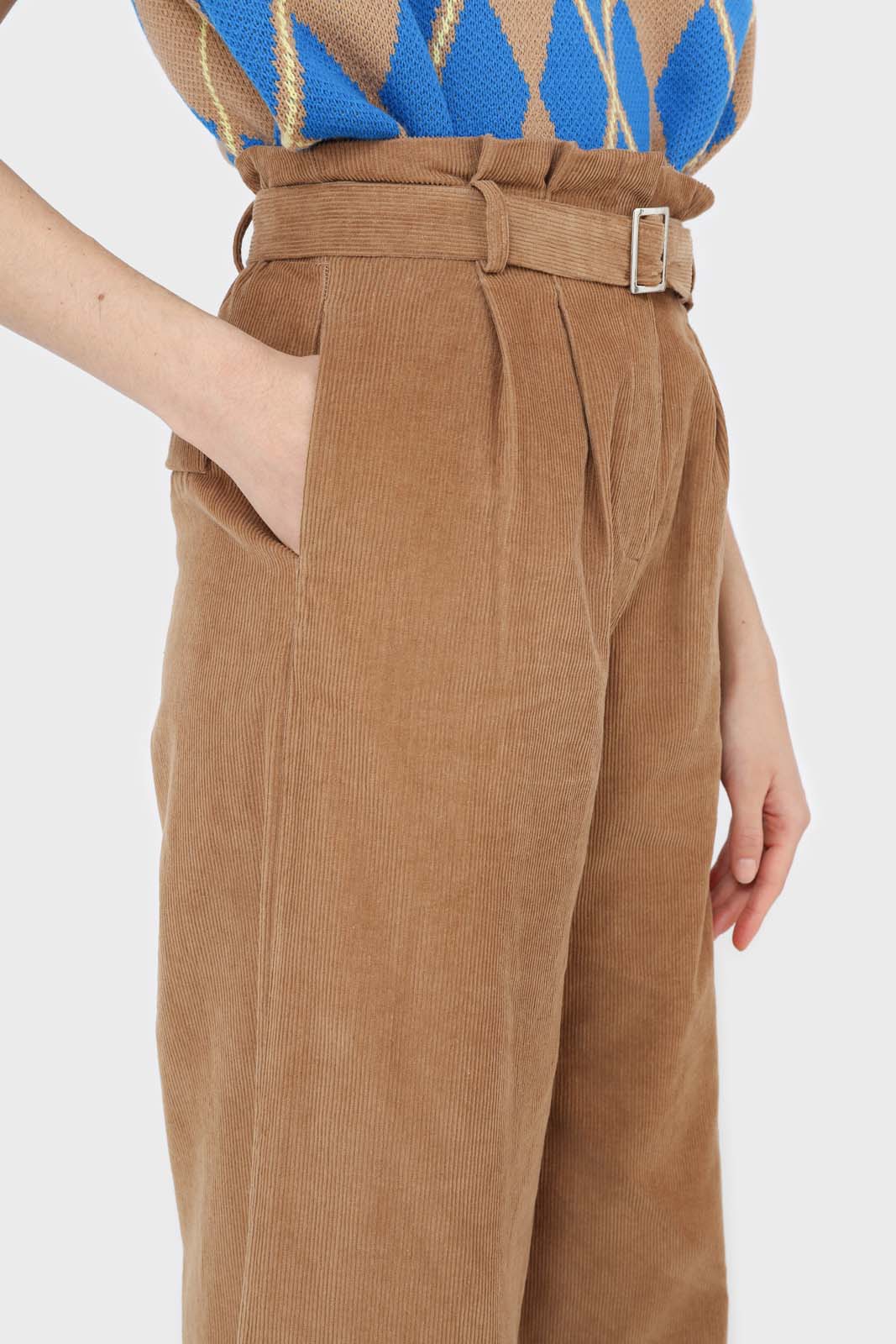 Beige micro corduroy belted loose fit trousers_4
