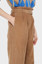 Beige micro corduroy belted loose fit trousers_4